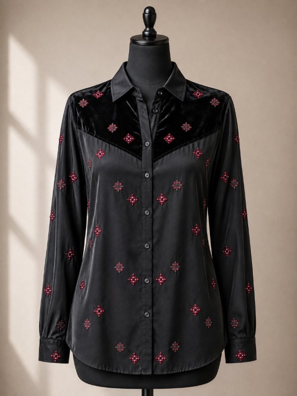 Johnny Was Workshop L Maxine Western Velvet Yoke Floral Blouse Cupra Silk - Picture 1 of 6